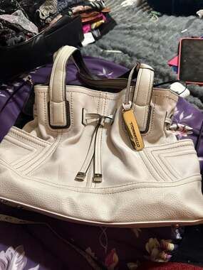 Tignanello Ivory Pebbled Leather Cinch Tie Shoulder Bag Satchel